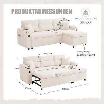 SONNENH Kavč, bež, 212.5 × 136 × 86 cm, prostor za shranjevanje, priključek usb, za dnevno sobo
