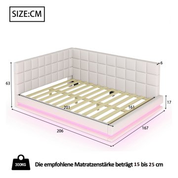 SONNENH Posteljni okvir, 160 × 200 cm, lan, bež, 206 × 167 × 63 cm, led osvetlitev, priključek usb, za spalnico