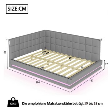 SONNENH Posteljni okvir, 160 × 200 cm, lan, siva, 206 × 167 × 63 cm, led osvetlitev, priključek usb, za spalnico