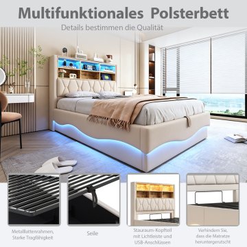 SONNENH Posteljni okvir, 140 × 200 cm, železo, bež, 221 × 143 × 131 cm, led osvetlitev, prostor za shranjevanje, za spalnico