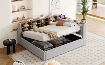 SONNENH Posteljni okvir, 140 × 200 cm, žamet, svetlo siva, 214.5 × 150.5 × 81 cm, prostor za shranjevanje, priključek usb, za spalnico