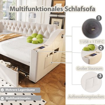 SONNENH Enojna postelja, 90 × 190 cm, bež, 214.5 × 96 × 78.5 cm, priključek usb, nasloni za roke, za spalnico