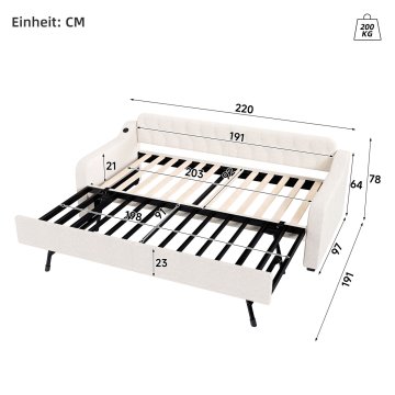 SONNENH Enojna postelja, 90 × 200 cm, lan, bež, 220 × 191 × 78 cm, priključek usb, za spalnico