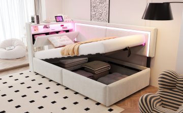 SONNENH Enojna postelja, 90 × 200 cm, žamet, bež, 218 × 99 × 87 cm, led osvetlitev, priključek usb, za spalnico