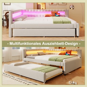 SONNENH Posteljni okvir, 140 × 200 cm, lan, bež, 212 × 150 × 81.5 cm, led osvetlitev, priključek usb, za spalnico
