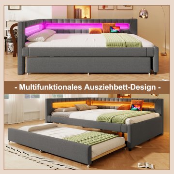 SONNENH Posteljni okvir, 140 × 200 cm, lan, siva, 212 × 150 × 81.5 cm, led osvetlitev, priključek usb, za spalnico