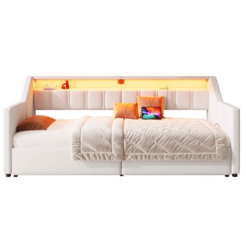 SONNENH Enojna postelja, 90 × 200 cm, lan, bež, 212 × 193 × 92 cm, led osvetlitev, predali za shranjevanje, za spalnico