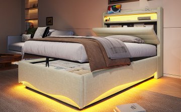 SONNENH Enojna postelja, 90 × 200 cm, lan, bež, 212 × 91 × 110 cm, led osvetlitev, priključek usb, za spalnico