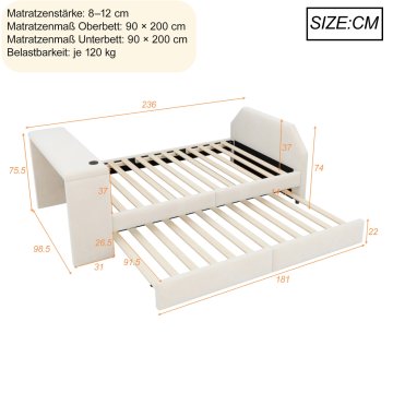 SONNENH Otroška postelja, 90 × 200 cm, žamet, bež, 236 × 98.5 × 75.5 cm, priključek usb, za spalnico