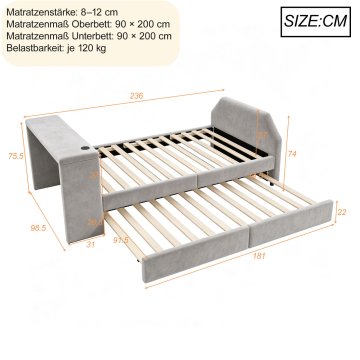 SONNENH Otroška postelja, 90 × 200 cm, žamet, siva, 236 × 98.5 × 75.5 cm, priključek usb, za spalnico