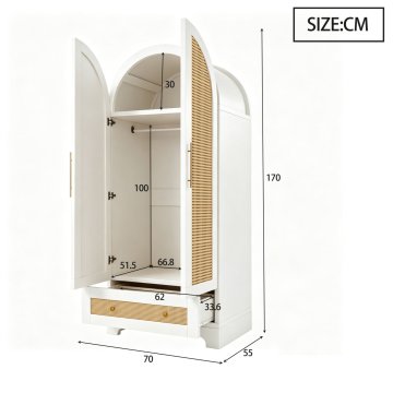 SONNENH Garderobna omara, 70 × 55 × 170 cm, les, bela, predali za shranjevanje, zaprti prostor za shranjevanje, za shranjevanje v spalnici