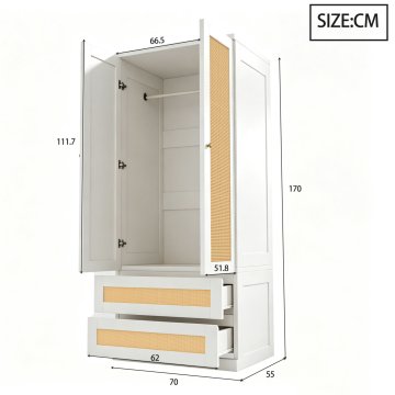 SONNENH Garderobna omara, 70 × 55 × 170 cm, les, bela, predali za shranjevanje, zaprti prostor za shranjevanje, za shranjevanje v spalnici
