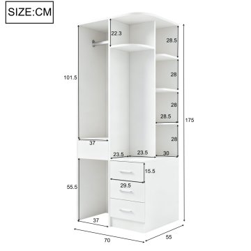 SONNENH Garderobna omara, 70 × 55 × 175 cm, MDF, bela, predali za shranjevanje, za shranjevanje v spalnici