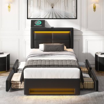 SONNENH Enojna postelja, 90 × 200 cm, PU, črna, led osvetlitev, predali za shranjevanje, za spalnico