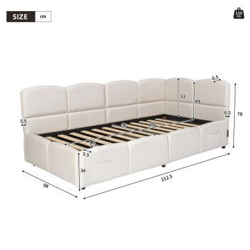 SONNENH Otroška postelja, 90 × 200 cm, žamet, bež, 212.5 × 98 × 78 cm, priključek usb, za spalnico