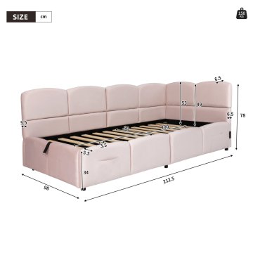 SONNENH Otroška postelja, 90 × 200 cm, žamet, rožnata, 212.5 × 98 × 78 cm, priključek usb, za spalnico