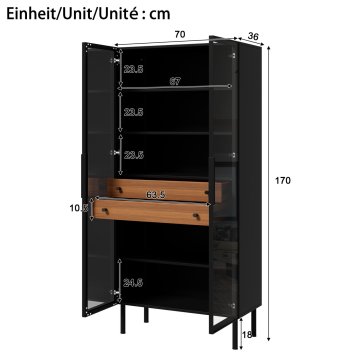 SONNENH Vitrina, MDF / iverna plošča, črna, 70 × 36 × 170 cm, led osvetlitev, predali za shranjevanje, za pregledno shranjevanje