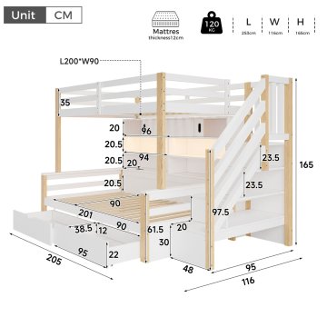 SONNENH Otroška postelja, 90 × 200 cm, borov les, bela, 253 × 116 × 165 cm, led osvetlitev, priključek usb, za spalnico