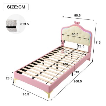 SONNENH Otroška postelja, 90 × 200 cm, PU, bela / rožnata, 206.5 × 95.5 × 115 cm, led osvetlitev, za spalnico
