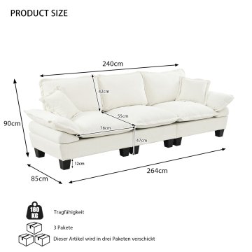 SONNENH Kavč, ženilja, bež, 263 × 82 × 90 cm, nasloni za roke, za dnevno sobo