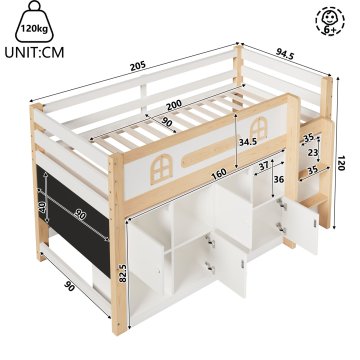 SONNENH Enojna postelja, 90 × 200 cm, MDF / borov les, bela / naravna, 205 × 94.5 × 120 cm, za spalnico