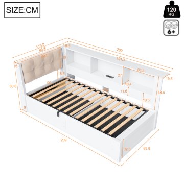 SONNENH Enojna postelja, 90 × 200 cm, lan / MDF / borov les, bela, 209 × 113.8 × 80.6 cm, led osvetlitev, priključek usb, za spalnico