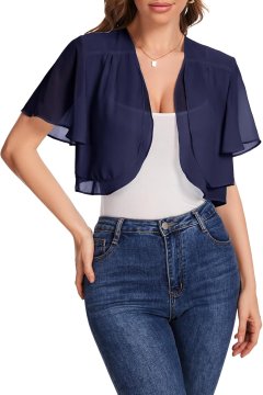 Elegantno šifonasto žensko bolero ogrinjalo za ženske 100% poliester kratek rokav odprt sprednji del dvoslojno lahko odporno proti gubanju pralno v pralnem stroju casual elegantno temno modro