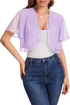 Šifonski ženski bolero elegantni lahkotni kratek rokav vijolični XL, 100% poliester, dvoslojna konstrukcija, odporen proti gubam, primeren za pranje v pralnem stroju, casual in elegantni slog