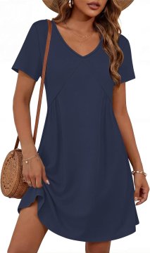 Ženska midi poletna elegantna obleka A-line visok pas z žepi 90% poliester 10% spandex V-izrez kratek rokav temno modra M