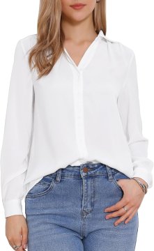Elegantna ženska bluza z volančki za poslovne priložnosti Ruffled front V-izrez z ovratnikom dolg rokav 100% poliester regular fit bela L