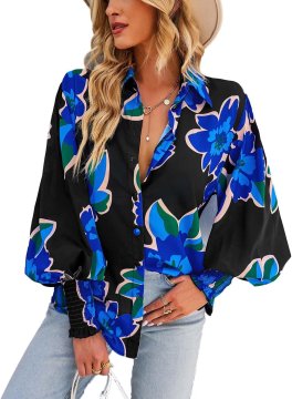 Ženska bluza oversize V-neck z dolgimi rokavi 100% poliester Črno-modra S elegantna casual bluza z cvetličnim vzorcem boho slog pomlad poletje