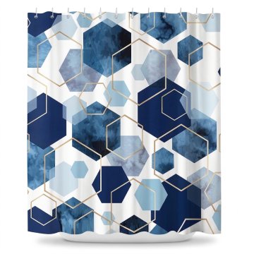 Zavesa za tuš 180x180 cm geometrijska modra z zlatimi linijami Hexagon vodoodporna poliestrska tkanina gost prepletaj neprosojna hitro sušeča hidrofobna prevleka pranje v pralnem stroju ojačane