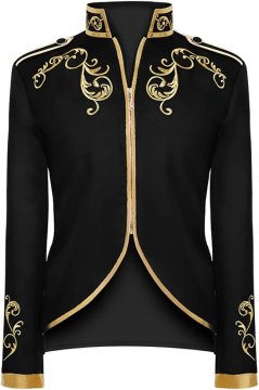 Moški frak steampunk kostum gotski slog elegantno črn viktorijanski z zlatimi vezenimi detajli poliester elastan slim fit asimetričen kroj skriti cipp velikost XL