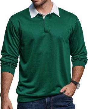 Moška polo majica z dolgimi rokavi Rugby Klasična Casual Zelena 3XL, lahek dihajoč material za pomlad jesen in zimo, kontrastni ovratnik, gumbi 1/4, elastičen rebrast zaključek, odvaja vlago, za golf