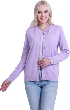 Ženski kardigan pulover z biserno zapenjanjem Elegantni mehki pulover rebrasti manšeti crew neck srednja gramatura vijolična velikost S
