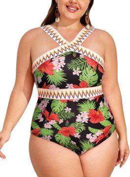 Čvrsti kopalni kostum Plus Size enodelni z visokim izrezom in učinkom oblikovanja trebuha ter okrasno verižico na naramnicah rdeče tropsko cvetje za plažo bazen in počitnice 22W