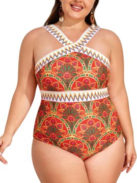 Enodelne kopalke za ženske Plus Size Tummy Control z ovojnim krojem wrap look, visokim izrezom high cut in vgrajeno kontrolo trebuha, večbarvne, velikost 18W, oblikujejo postavo, zgladijo predel