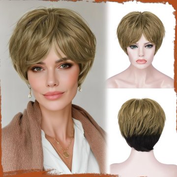 Ženska lasulja Pixie Cut kratka sintetična naravna črno-rjava 23 cm, odporna na toploto do 180°C, zračna kapica, nastavljivi elastični trakovi, lahka, One Size, za vsakdan in zabave