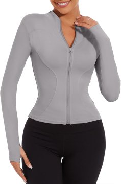 Športna majica Fitness z dolgimi rokavi za ženske, Crop Top, dihljiva elastična hitro sušeča, 82,5 % poliester 17,5 % spandex, za jogo tek in trening, nastavljiva zadrga, siva XL