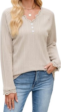 Ženska tunika bluza s čipko Elegantna casual bež S 95% poliester 5% elastan dolg rokav V-izrez sproščen krój za pomlad jesen zimo udobna za vsak dan