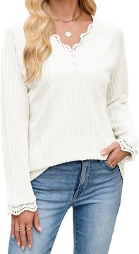 Ženska elegantna tunika srajca iz čipke z dolgimi rokavi, mehka oversize bluza 95 % poliester 5 % elastan, V-izrez, udobna za pomlad jesen zima, bela M