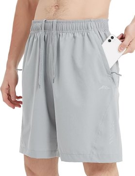 Moške športne kratke hlače 90 % poliester 10 % spandex hitro sušenje s patentnimi žepi elastični pas z vrvico odsevni elementi za tek fitnes plavanje outdoor sive barve velikost M