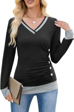 Ženska bluza Patchwork Contrast V-Neck z dolgimi rokavi, črna, S, elastična, 95% poliester 5% spandex, vitkajoč krој, gubasta struktura, okrasni gumbi, za pomlad jesen zimo