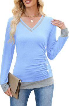 Ženska bluza Elegantna V-izrez Dolg rokav Patchwork Modra 95% poliester 5% spandex Okrasni gumbi Strukturirane gube Prilegajoč kroj Pomlad Jesen Zima Velikost XL