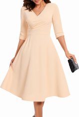 Ženska večerna midi obleka A-line bež s 3/4 rokavi, V-izrezom in skritimi žepi, elastična, iz 95% poliestra in 5% elastana, velikost M, za poroko, sprejem, rockabilly in poslovni stil