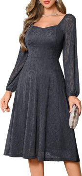 Elegantna koktajlna obleka midi za vsako priložnost – čipkasta vintage obleka v obliki črke A s srčastim izrezom in prozornimi dolgimi rokavi, siva, velikost M, 95% najlon 5% elastan, patentni zadrgo