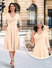 Ženska večerna midi obleka A-line bež s 3/4 rokavi, V-izrezom in skritimi žepi, elastična, iz 95% poliestra in 5% elastana, velikost M, za poroko, sprejem, rockabilly in poslovni stil