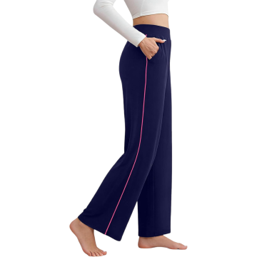 Ženske trenirke jogger široke wide leg visok pas športne vadbene temno modre 2 žepa elastičen pas lahek material velikost M