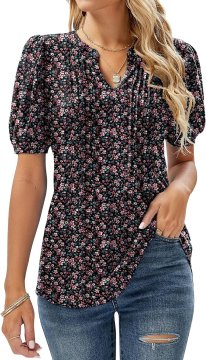 Ženska cvetlična bluza tunika s plisiranim sprednjim delom dekolte V ohlapna poletna kratki balonasti rokav 60 % poliester 35 % viskoza 5 % elastan barvita XL