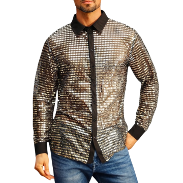 Moška srajca z dolgimi rokavi Disco bleščeča mrežasta srajca z bleščicami zlata črna Slim Fit retro stil za zabavo ples klub XL